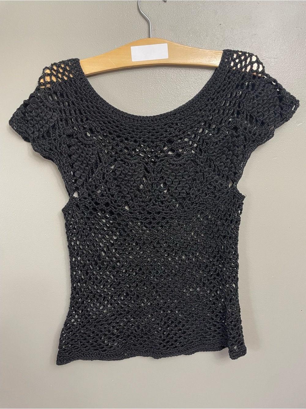 Vintage Black Crochet Short cap Sleeve handmade Top whimsigoth fairy open knit